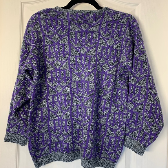 Fox Vintage-Style Graphic Knit Sweater (S) Purple/Grey/Black Bold Retro 80s 90s - Picture 2 of 4